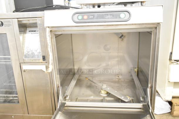 Hobart LX18H commercial undercounter dishwasher, stainless steel, open door view. Model label visible, 120/208-240V, 1 Phase.