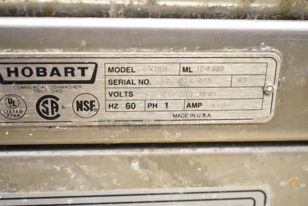 Hobart LX18H commercial undercounter dishwasher, 120/208-240V, 1 phase. Features model and serial number plate, UL, CSA, NSF marks.