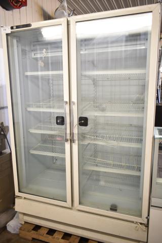 Carrier ULG50BCP-5 commercial 2-door reach-in freezer merchandiser, glass doors, electrical: 115/208-230V, 1 phase, used condition.