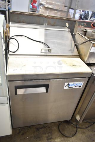 2024 Avantco 178APT27HC sandwich prep table with bain marie top, commercial casters, 115V, 1 phase, slight surface wear.