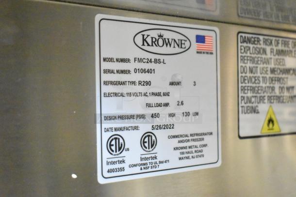 2022 Krowne FMC24-BS-L underbar freezer tag showing model, serial number, refrigerant type R290, and electrical specs.