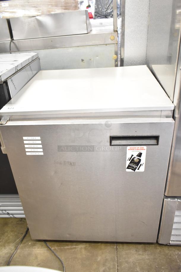 Delfield 406CA-DHL-DD1 commercial undercounter cooler, single door, stainless steel, 115 volts, 1 phase, labels attached.