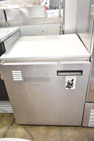 Delfield 406CA-DHL-DD1 commercial undercounter cooler, single door, stainless steel, 115 volts, 1 phase, labels attached.