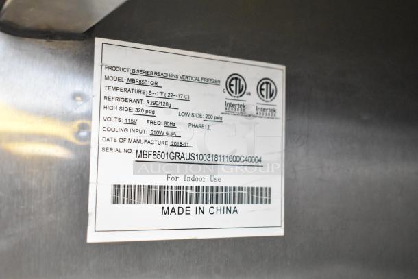 2018 Atosa MBF8501GR commercial freezer label, showing model, voltage, refrigerant, temperature range, and made in China.