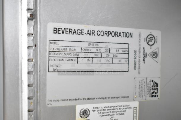 Beverage Air ER48-1AS cooler label showing model, refrigerant info, design pressure, and electrical ratings.