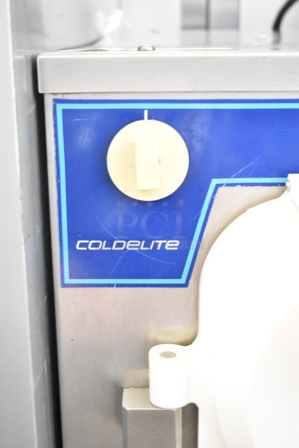 Coldelite lab100B Commercial Batch Freezer, 125 Volts, 1 Phase, stainless steel, blue label, visible control knob.
