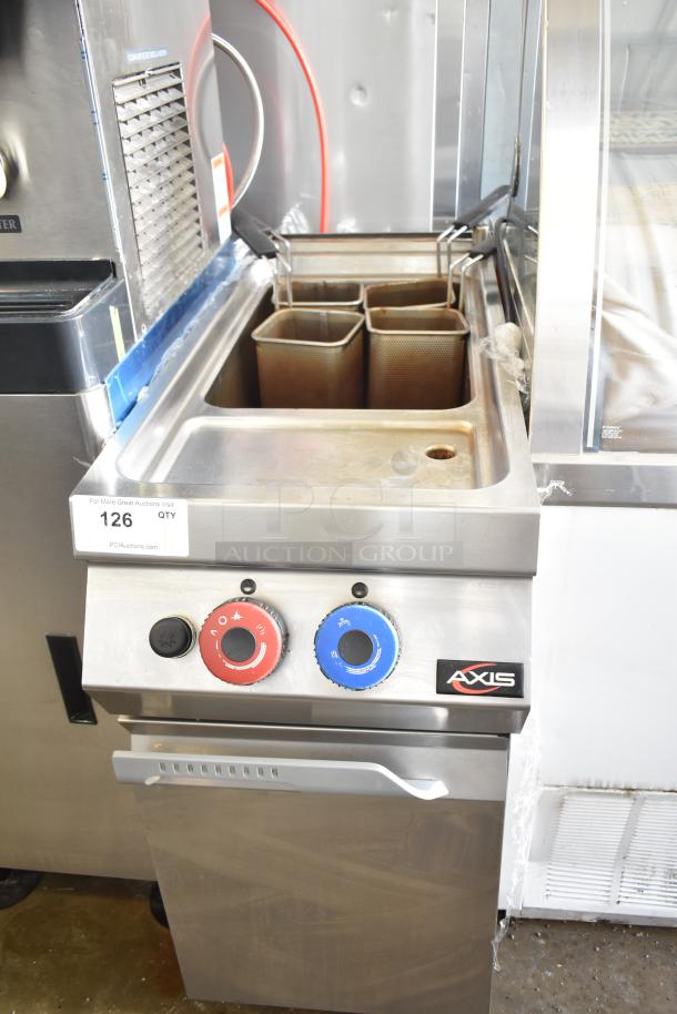 Axis AX-GPC1WB commercial gas pasta cooker, stainless steel, dual knob controls, includes pasta baskets, great condition.
