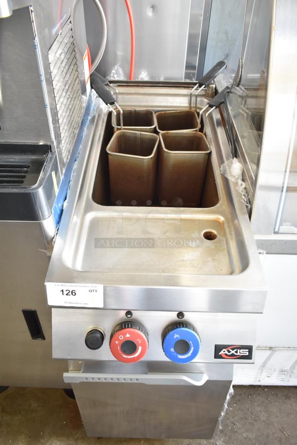 Axis AX-GPC1WB commercial gas pasta cooker, stainless steel, with controls and pasta baskets, in used condition.