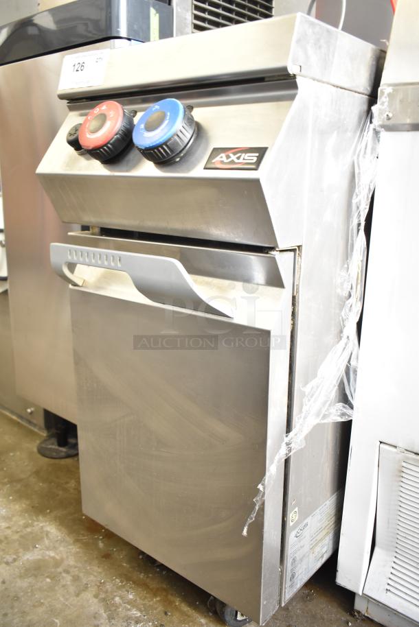 Axis AX-GPC1WB gas pasta cooker, commercial floor style, dual control knobs, stainless steel, visible Axis branding.