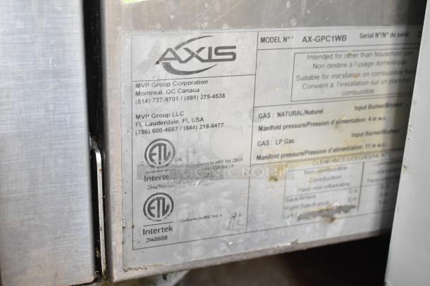 Axis AX-GPC1WB gas pasta cooker label, showing model, ETL certification, and suitability for commercial use.