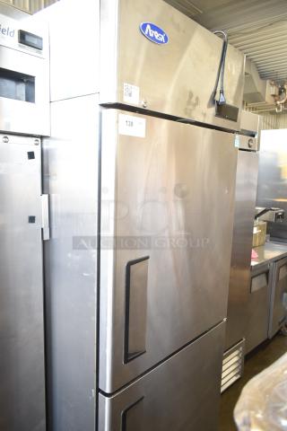 Atosa Commercial 2 Half Size Reach In Cooler, on casters, stainless steel, 115V, 1 phase, with visible Atosa logo.