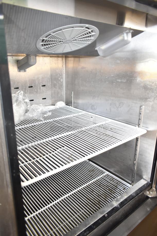 Atosa Commercial 2 Half Size Reach In Cooler with metal shelves, fan, and interior light. 115 Volts, 1 Phase.