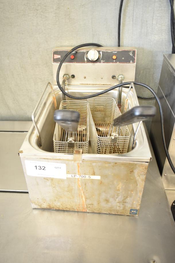 Cecilware Countertop Electric Fryer with 2 metal baskets, 115 volts, 1 phase, visible wear and number 132 label.