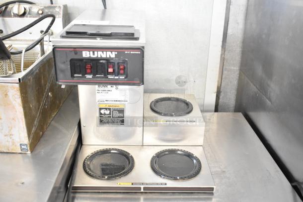 Bunn VP17-3 commercial coffee machine with three burners, stainless steel, 120 volts, used condition, model label visible.