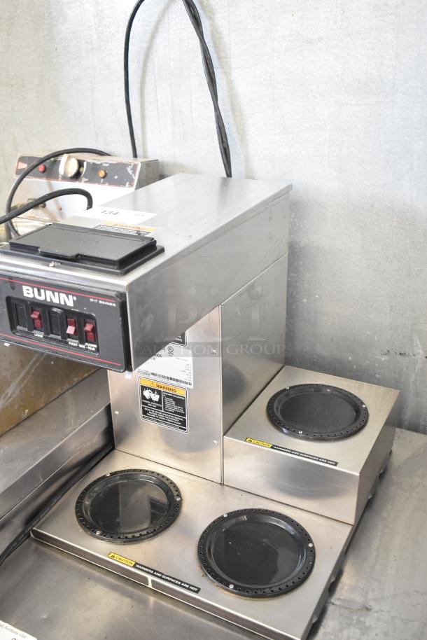 Bunn VP17-3 Commercial Coffee Machine, 3 burners, countertop design. Features 120 volts, 1 phase. Durable stainless steel.