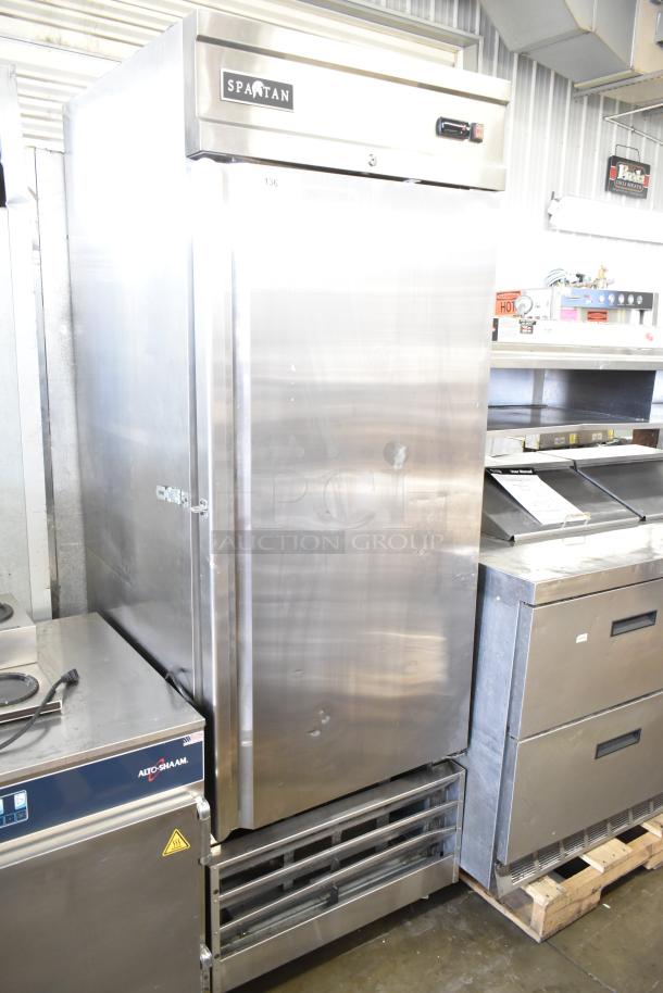Spartan STR-23 commercial single door reach-in cooler, stainless steel, 115V, 1 phase, used condition, model label visible.