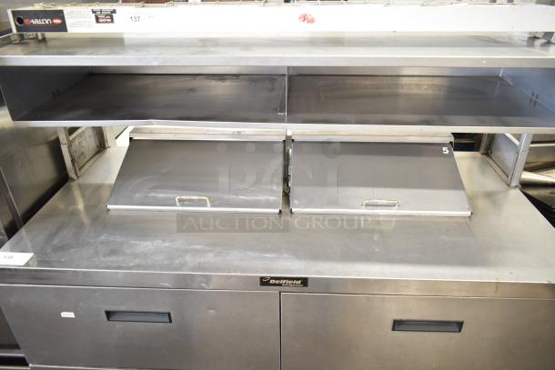 Delfield commercial sandwich salad prep table, Bain Marie Mega Top, 4 drawers, over shelf, 115V, 1 phase, stainless steel.