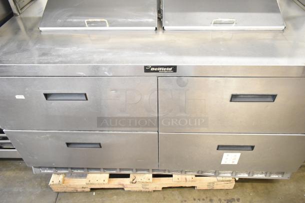 Delfield commercial sandwich salad prep table with bain marie mega top, 4 drawers, and overshelf, 115 volts, 1 phase.