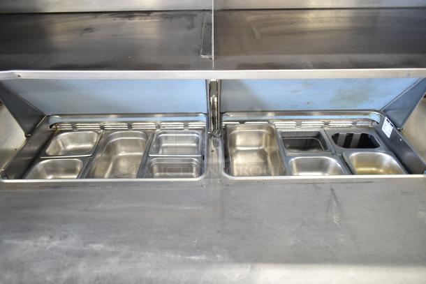 Delfield Commercial Sandwich Salad Prep Table, Mega Top with 4 drawers, over shelf, stainless steel pans, 115V, 1 phase.