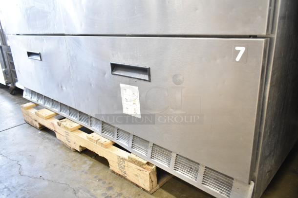 Delfield Commercial Sandwich Salad Prep Table with 4 drawers, over shelf, 115V, 1 phase. Visible minor dents.