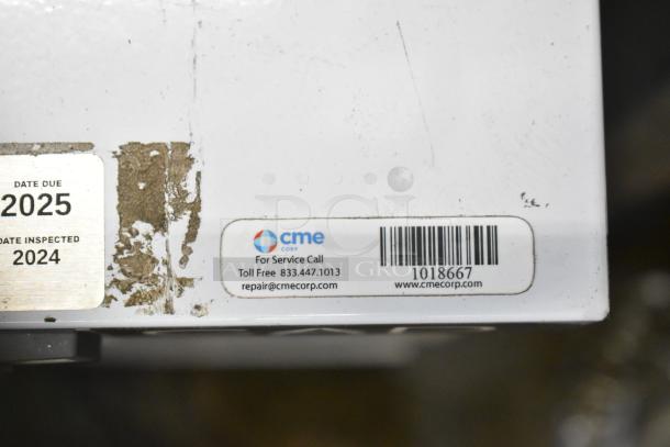 American BioTech Supply Chest Freezer, labeling shows service info, inspected 2024, due 2025.