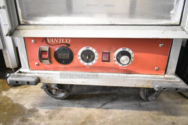 Avantco commercial heated holding cabinet on casters, 115V, 1 phase. Features temperature, heat, and humidity controls.