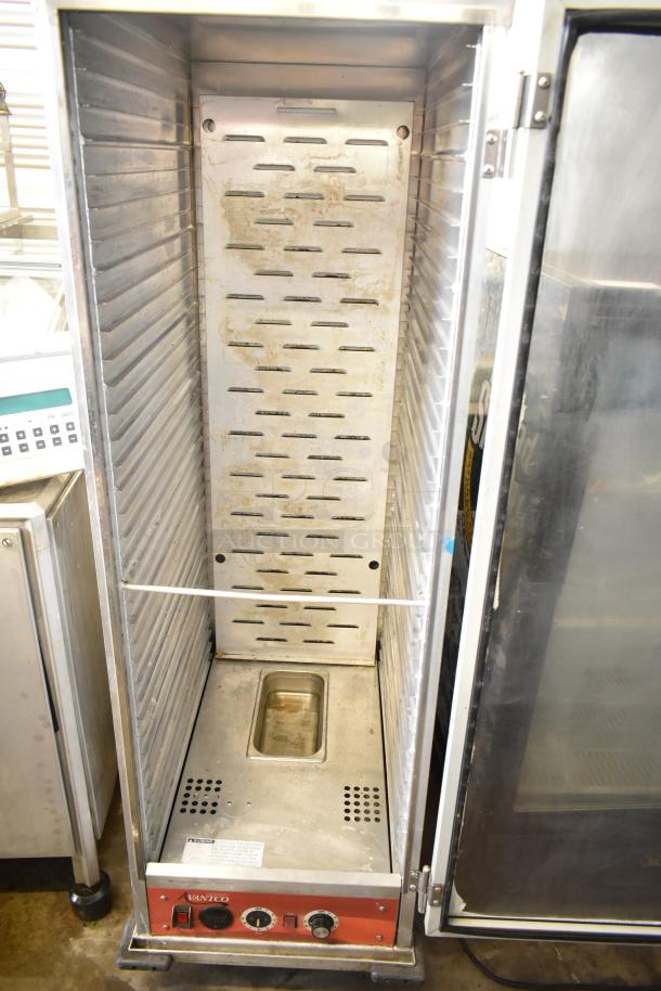 Avantco commercial heated holding cabinet on casters, 115 volts, 1 phase; shows interior shelving and controls.