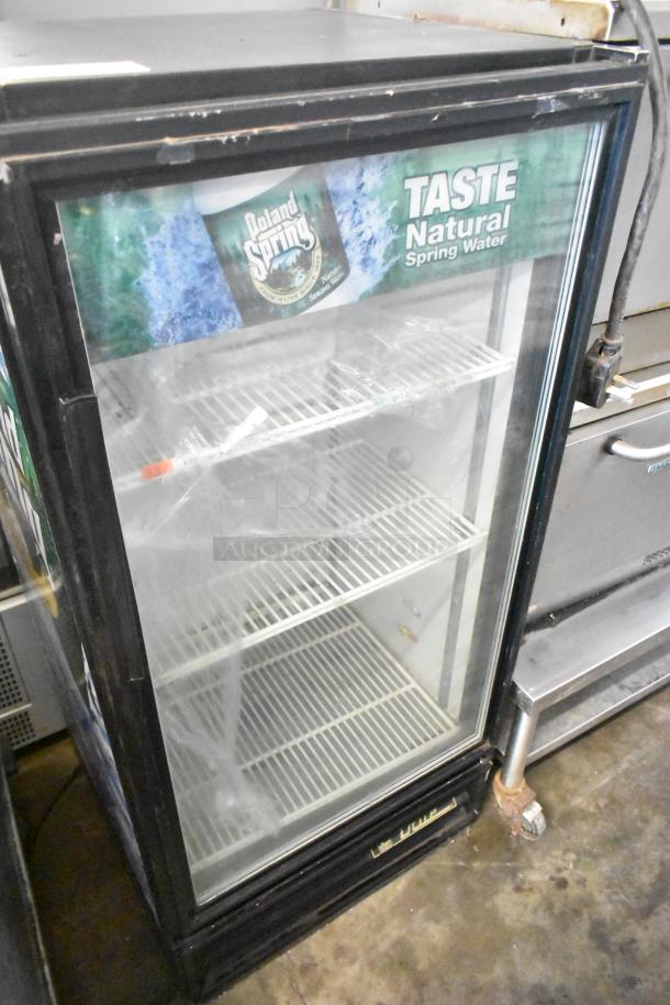 True GDM-10 commercial single door reach-in cooler merchandiser, 115 volts, 1 phase, branded front glass, used condition.
