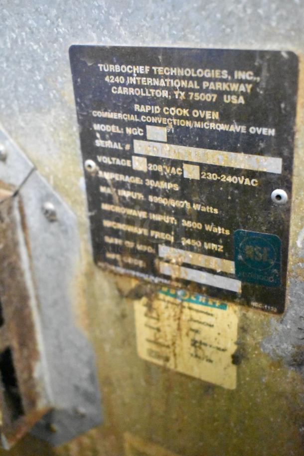 Turbochef NGC commercial rapid cook oven label showing model, voltage 208/240V, and serial number.