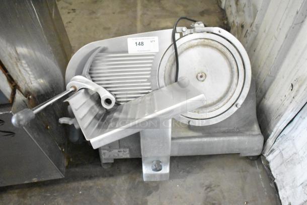 Hobart Commercial Countertop Meat Slicer, 115 Volts, 1 Phase, stainless steel, used condition, auction tag 148 visible.