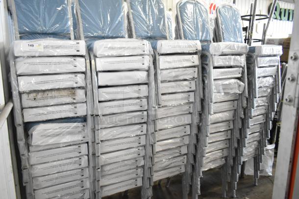 120 brand new Flash Furniture Hercules Series banquet chairs, crown back, blue fabric, silver frame, in packages.
