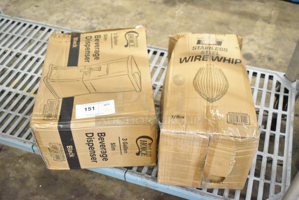 Two brand new items: 190HCM30WA stainless steel wire whip for 30 Qt. bowls and 176BD3BK2 3-gallon black slim beverage dispenser, boxes marked "scratch and dent."