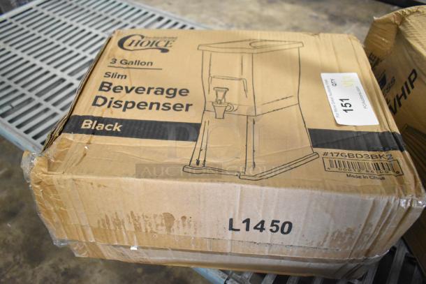 Cardboard box containing Choice 3 Gallon Black Slim Beverage Dispenser, model #176BD3BK2, new with minor damage.