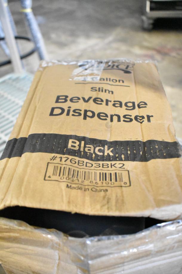 Cardboard box containing a Choice 3-gallon black slim beverage dispenser, model #176BD3BK2, marked "Made in China."