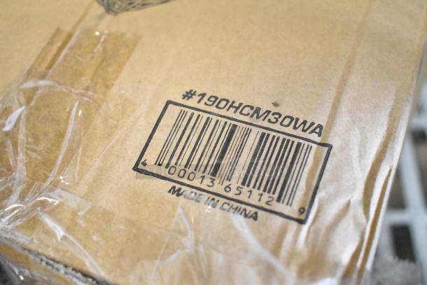 Cardboard packaging of stainless steel wire whip, model 190HCM30WA, for 30 qt. bowls. Barcode and "Made in China" visible.
