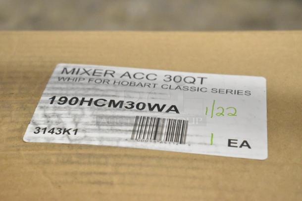 Label on package indicates Mixer Accessory, 190HCM30WA, Whip for Hobart Classic Series 30 Qt. Bowl, brand new condition.
