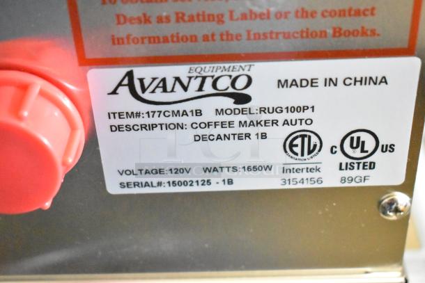 Avantco 177CMA1B Automatic Coffee Maker label showing model, voltage 120V, wattage 1650W, UL and ETL listed.