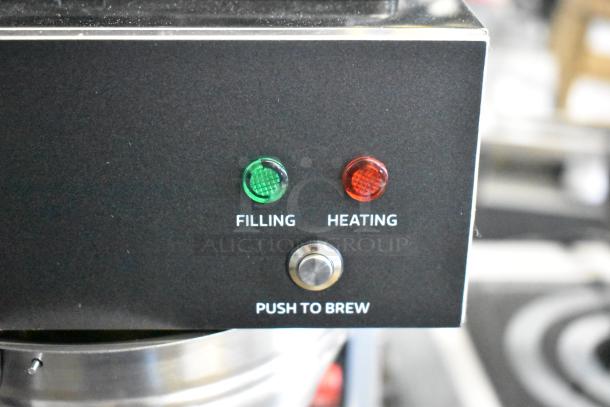 Brand new Avantco 177CMA1B coffee maker control panel, showing "Filling" and "Heating" lights, and "Push to Brew" button.