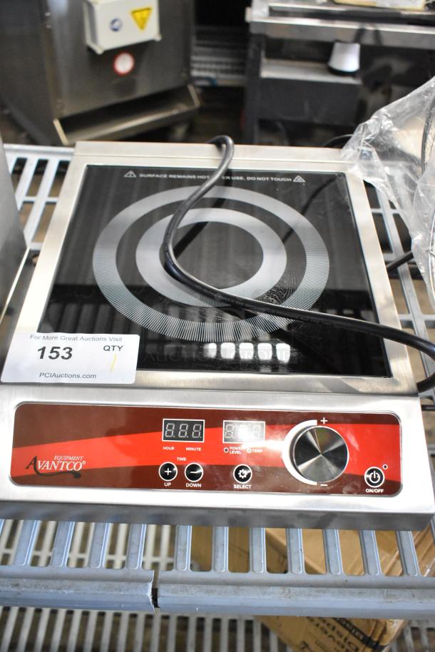 Brand new Avantco 177IC1800 countertop induction range, 120V, 1 Phase, minor cosmetic scratches, digital controls visible.
