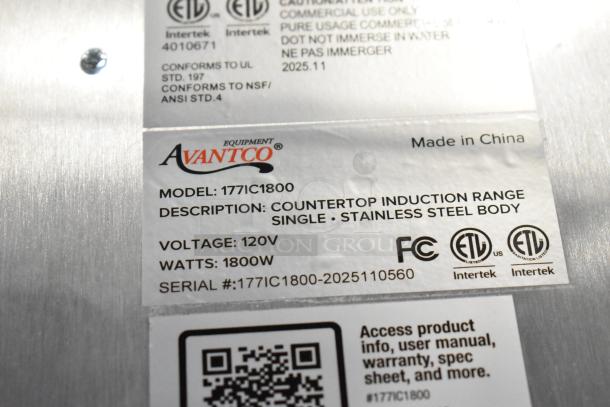 Brand new Avantco 177IC1800 countertop induction range, 120V, stainless steel, scratch and dent condition, model label shown.