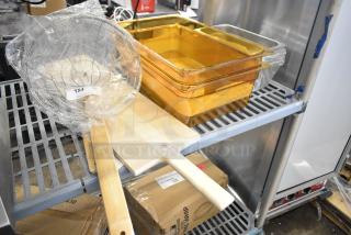 8 brand new kitchen items including Emperor's Select 12" skimmer, American Metalcraft pizza peel, Carlisle food pans.