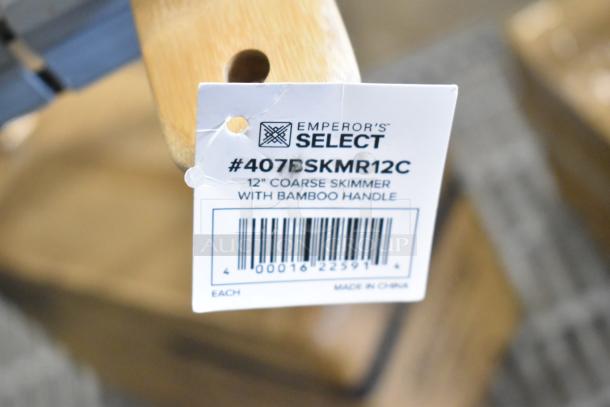 Tag on an Emperor's Select 12" coarse mesh skimmer with bamboo handle, model #407BSKMR12C, made in China.