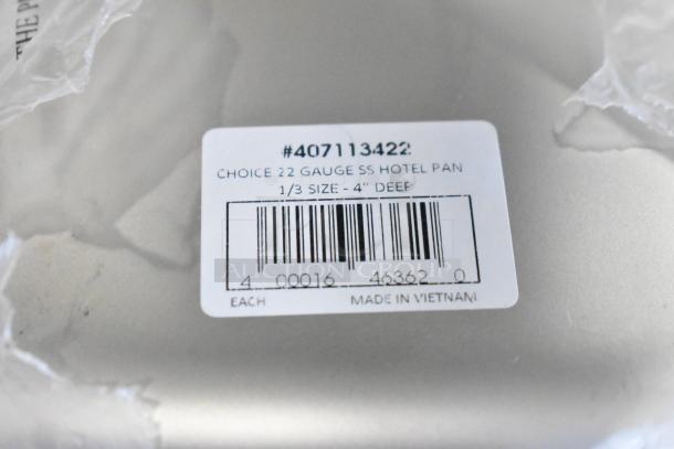 Label on metal pan showing model #407113422, indicating a Choice 22 Gauge Stainless Steel Hotel Pan, 1/3 Size, 4" Deep, Made in Vietnam.