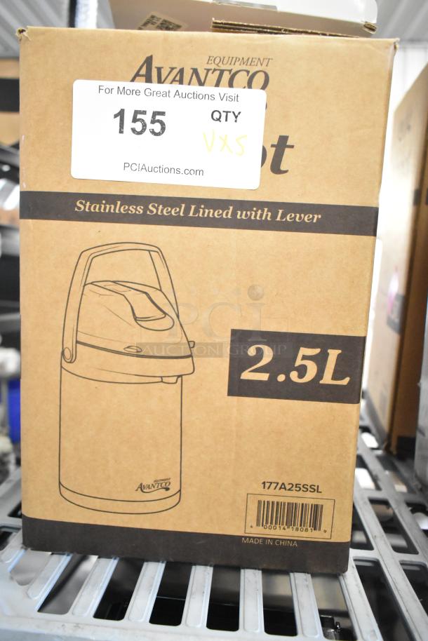 Box of 5 new Avantco and Acopa stainless steel airpots. Includes 2.5L, 3L, 3.5L capacities with levers. Model 177A25SSL shown.