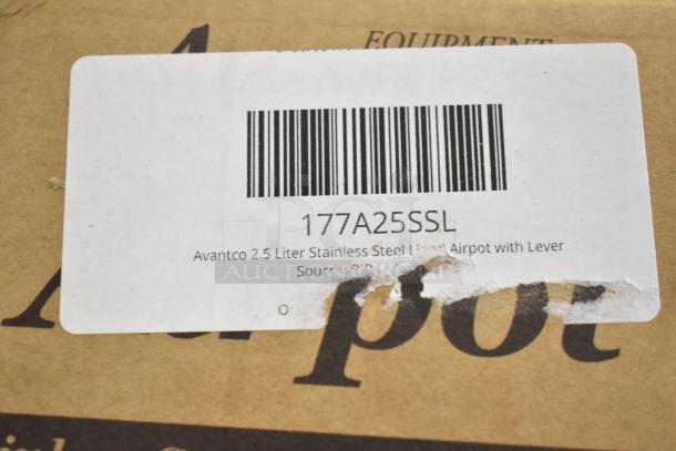 Close-up of a label on a box for the 177A25SSL Avantco 2.5 Liter Stainless Steel Airpot with Lever, showing a barcode and product details.