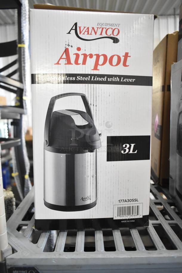 Avantco 3L airpot box, model 177A30SSL, shows stainless steel lining and lever. Brand new, 5 available.