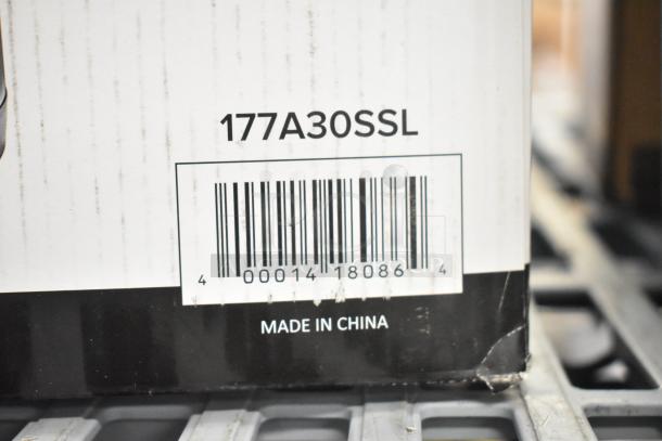 Barcoded box with "177A30SSL" model number, indicating an Avantco 3-liter stainless steel airpot. "Made in China" text visible.