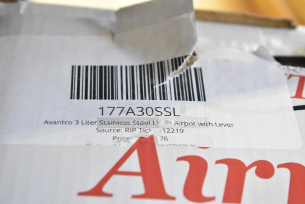 Label on Avantco 3 Liter Stainless Steel Airpot with Lever, model 177A30SSL, new condition, part of scratch and dent sale.