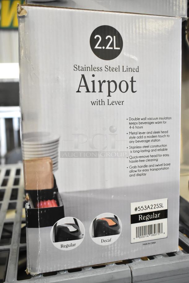 "2.2L Stainless Steel Lined Airpot with Lever, model #553A22SSL, new condition, dual wall insulation, effortless cleaning."