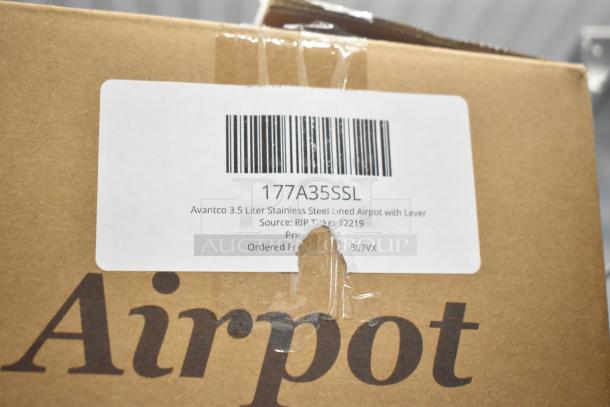 Label on box for Avantco 3.5L stainless steel lined airpot with lever, model 177A35SSL, indicates source and price details.